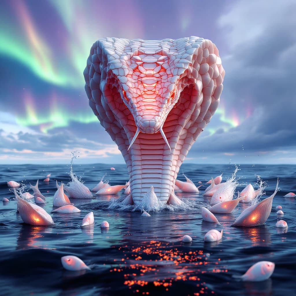 AI generated: Panopticon Hidden Horizons: Arctic Cyber Elves fishes congregation around a water and Tornado water ...