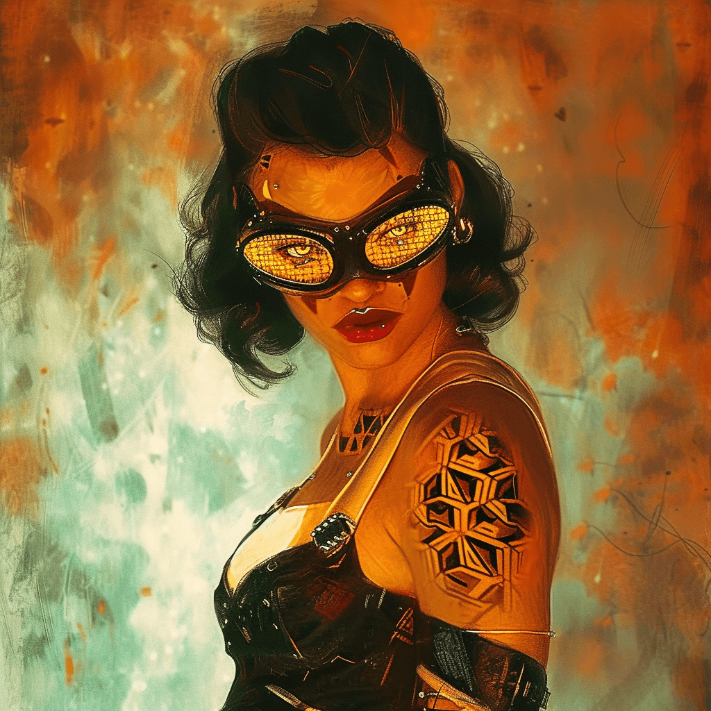 AI generated: Cyberfem with tattoos Post-apocalyptic strength, in a rust-hued surrounded dystopian wasteland. from...