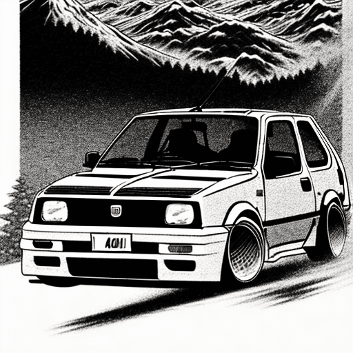 AI generated: Fiat uno mili 90s, drifting in initial d mountain, initial d art style, manga black and white, page ...