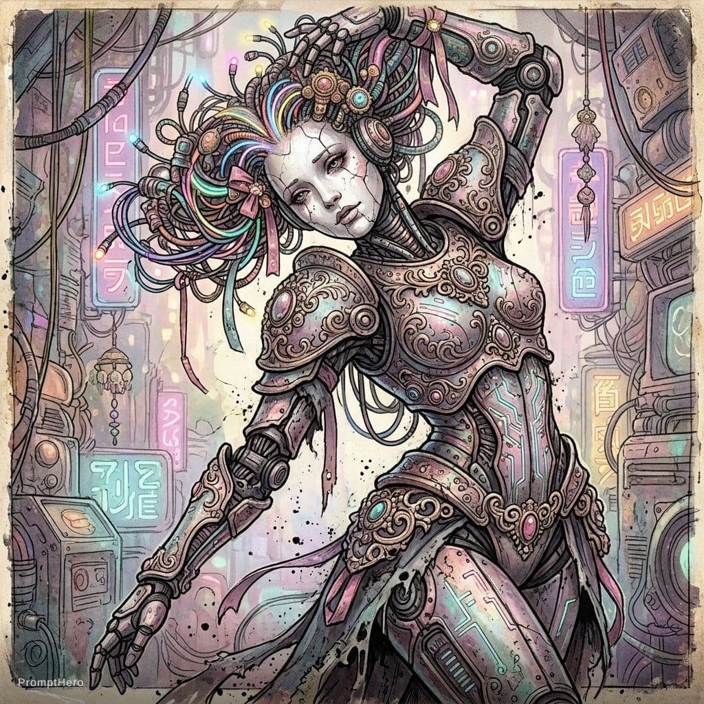 AI generated: Baroque Style, dreamlike Hyperdetailed grunge art fantasy illustration featuring an cyberpunk female...