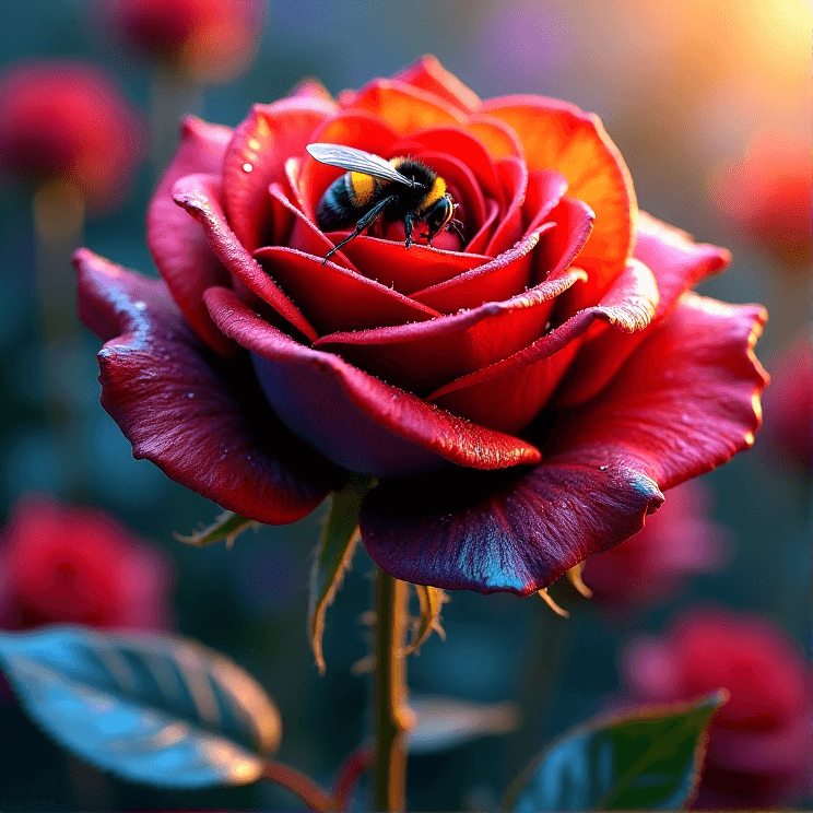 AI generated: Create a 16k highly detailed large headed rose, in black, bright reds, bright yellows and bright blu...