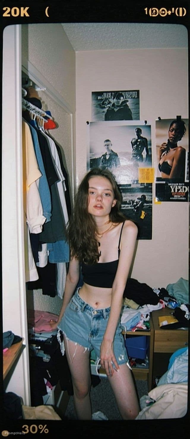 AI generated: Grungy early-2000s lo-fi disposable flash snapshot in a messy bedroom with posters and scattered clo...