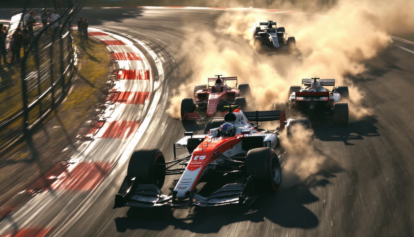 AI generated: The race track is well lit by sunlight.       Ahead, two cars collide on the track at a sharp turn a...