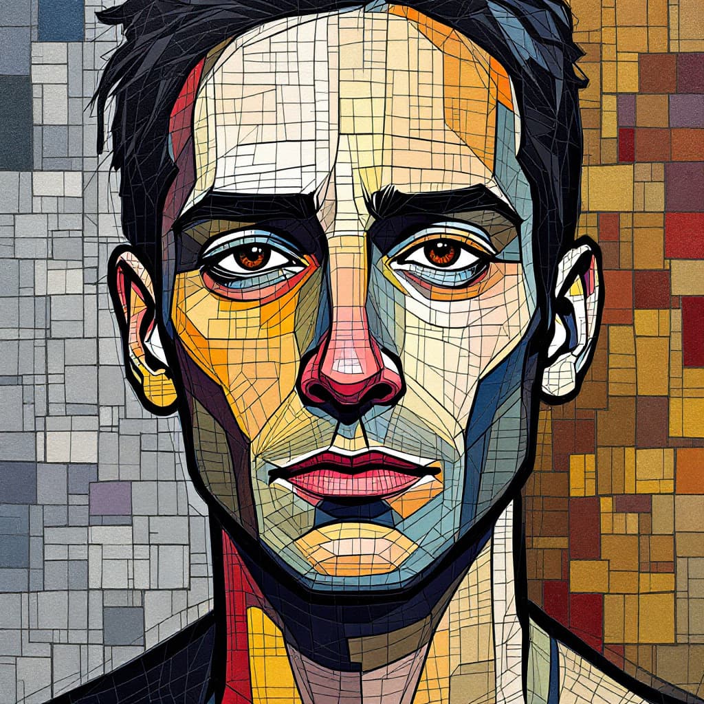 AI generated: illustration, art, man, face, gaze, mosaic, mondrian, consisting random colors, black outline, patte...
