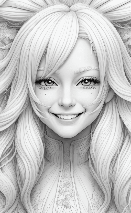 AI generated: coloring page Anime portrait clean line art, black pen line high detail, laughing close up, wild dyn...