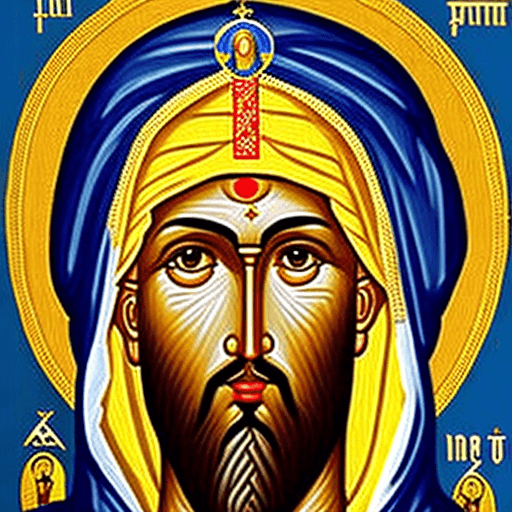 AI generated: Blue and gold orthodox icon of a Kurdish male Virgin Mary with a turban. Celestial and heavenly