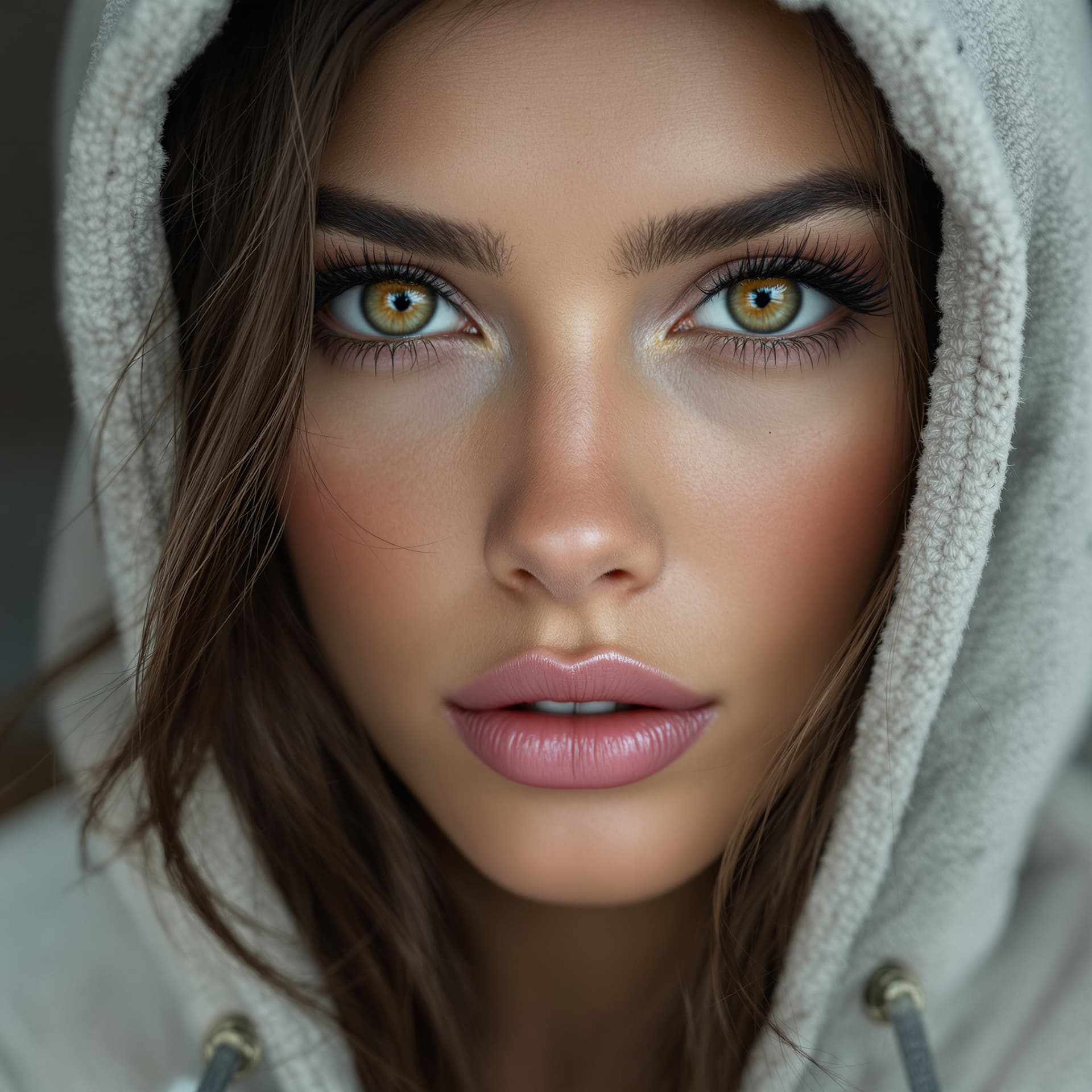 AI generated: Up-close, face only portrait of absolutely gorgeous lady wearing hoodie. she has hauntingly beautifu...