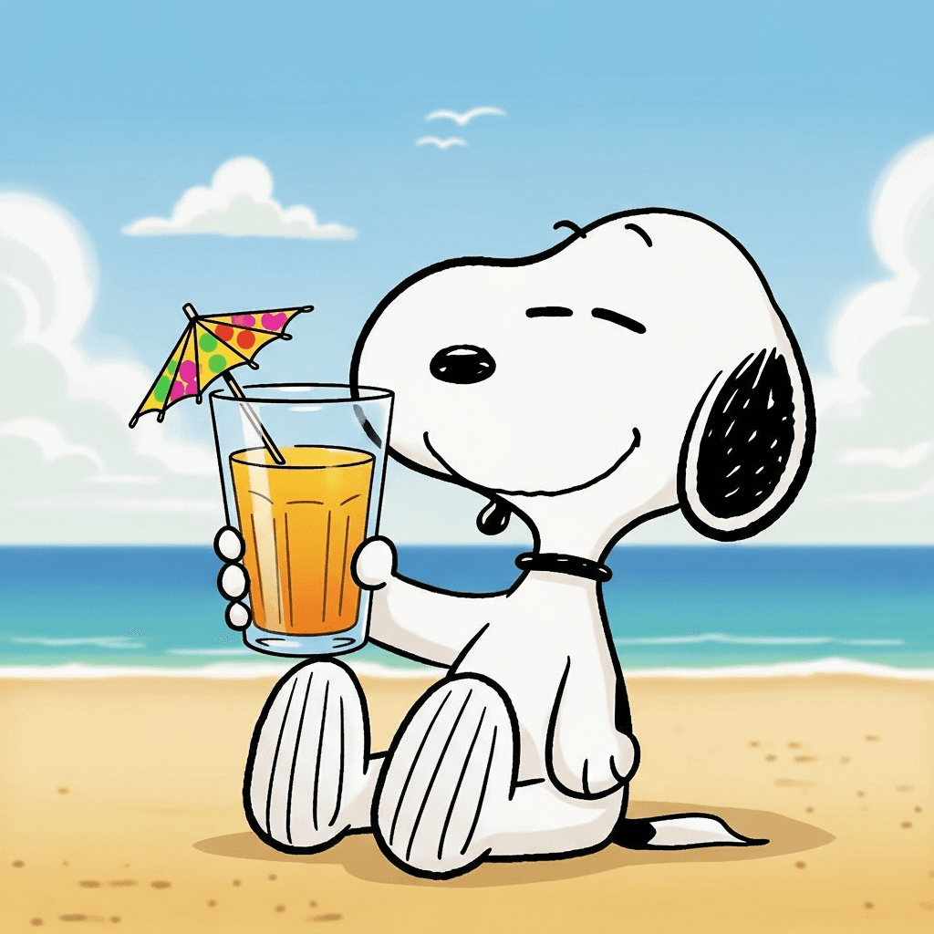 AI generated: A stylized portrait of Snoopy, the iconic beagle, sitting relaxed and facing the viewer, holding a t...