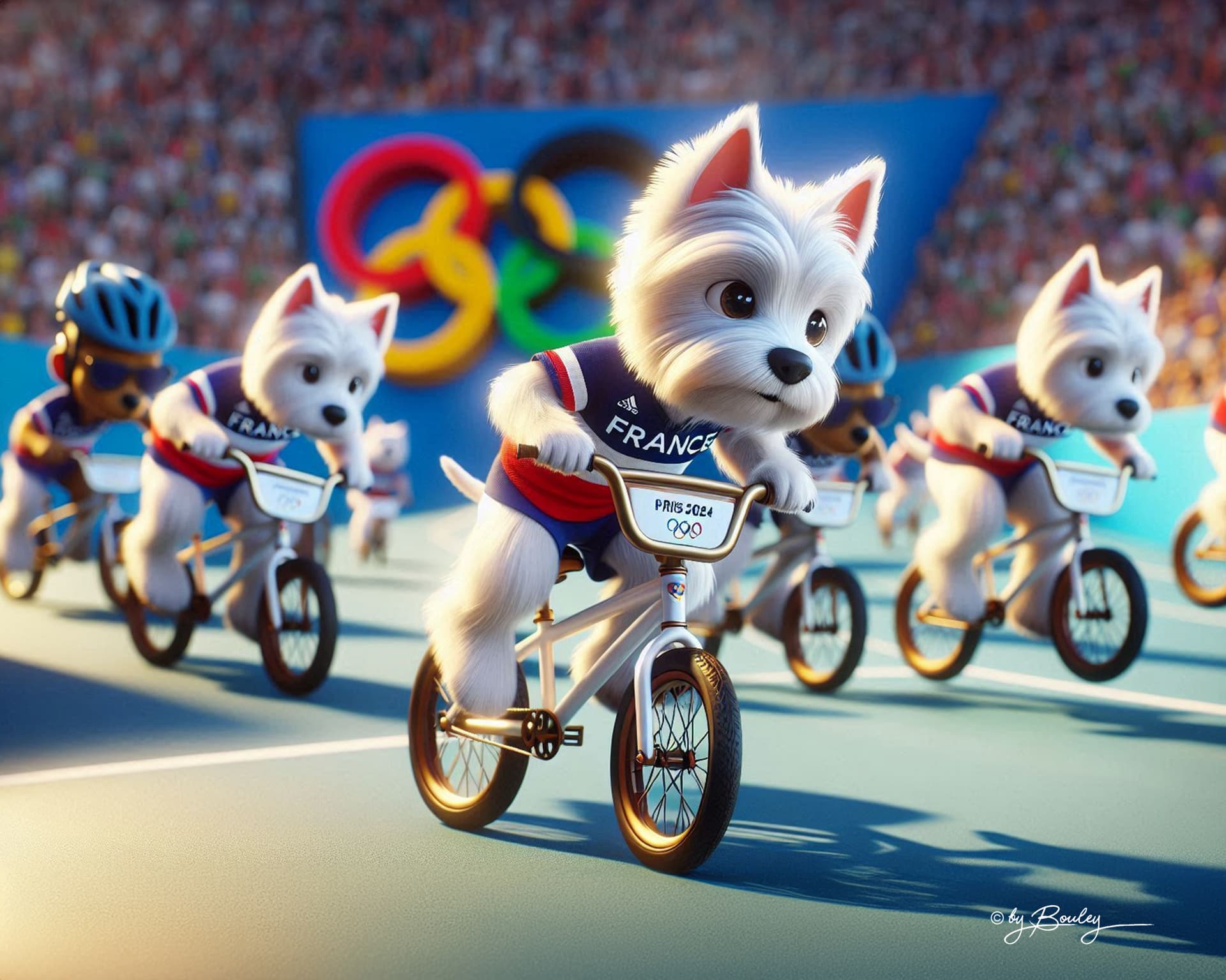 AI generated: wide body view of an anthropomorphic 3D Disney Pixar West Highland White Terrier, Cycling BMX Racing...