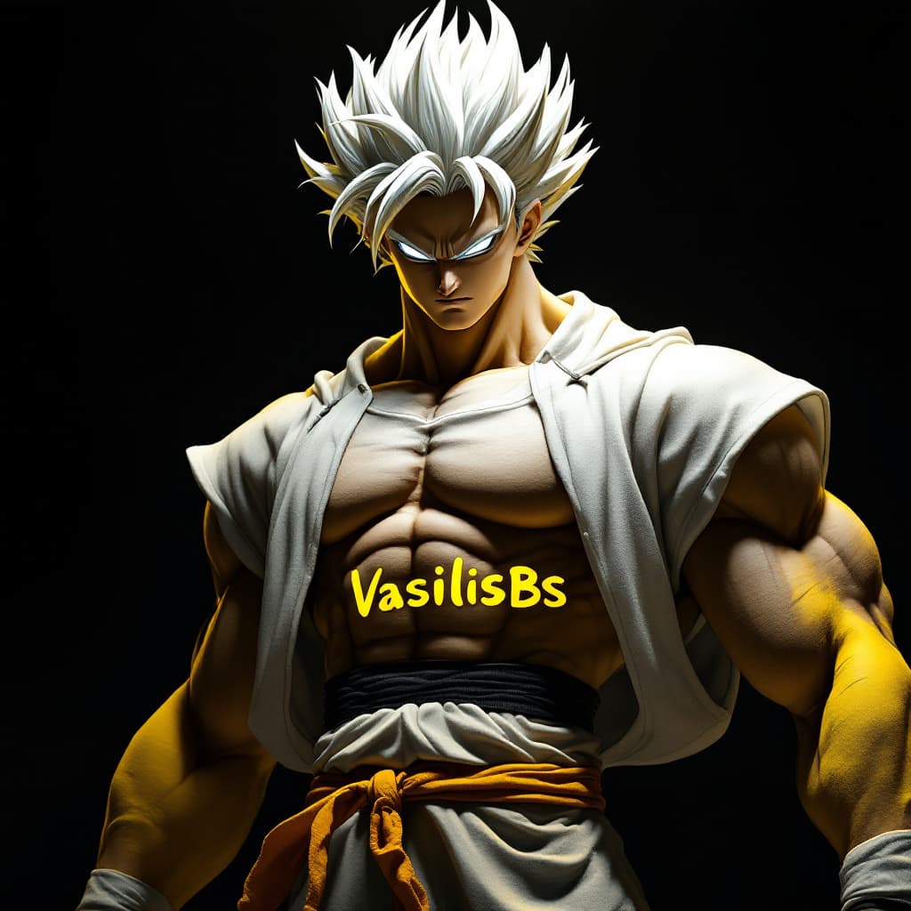 AI generated: Songoku Mastered Ultra Instinct form, wearing his training suite Written on chest fabric "VasilisBS"...