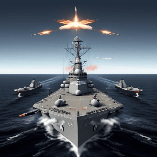 AI generated: Simulate a naval war with countless battleship on a vast ocean with airplanes fighting in the air, m...