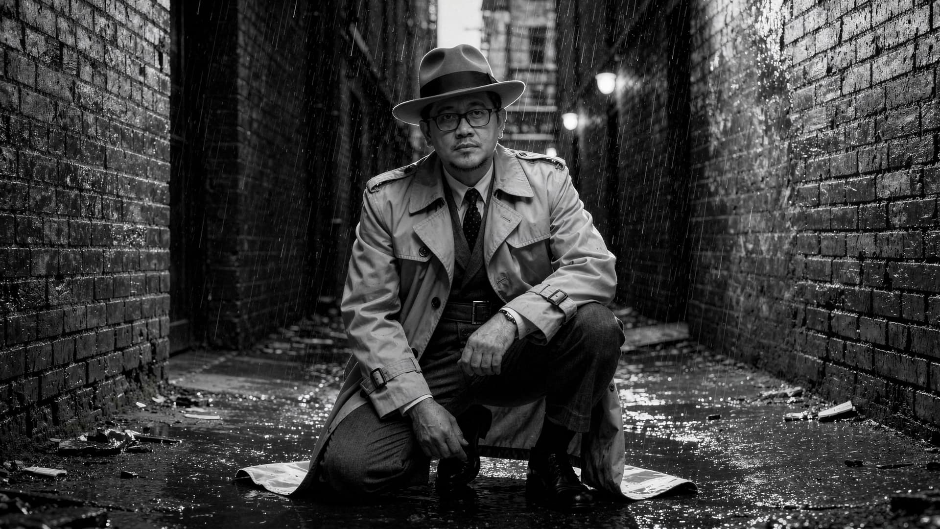 AI generated: Cinematic wide shot of a 1940s detective in a fedora and trench coat kneeling in a rainy, black-and-...