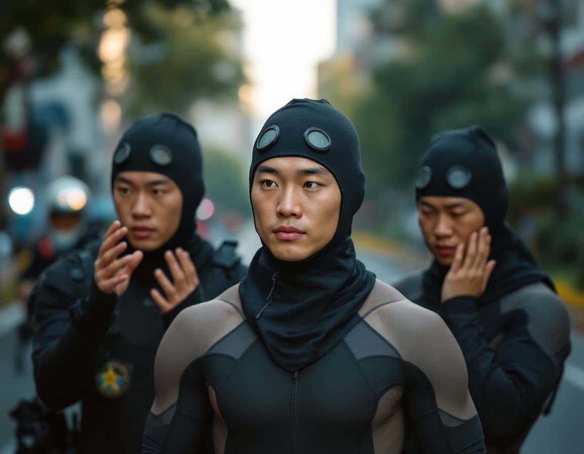 AI generated: Police arrest three Chinese men athletes on a road during the day. Their hands are upwards. They wea...