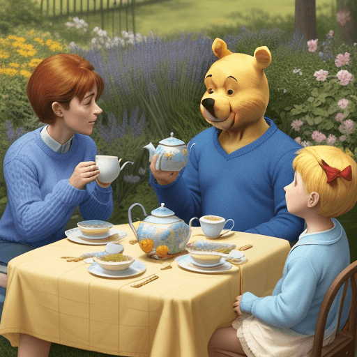 AI generated: winnie the pooh wearing a blue sweater and holding a tea party in the garden