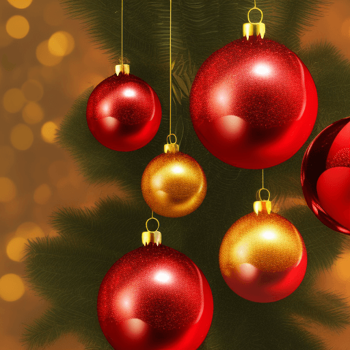 AI generated: red and gold Christmas balls and stars on tree backgroud