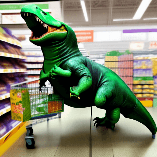 AI generated: Realistic Giant T Rex Dinosaur inflatable costume in European supermarket, shopping pushing trolly c...