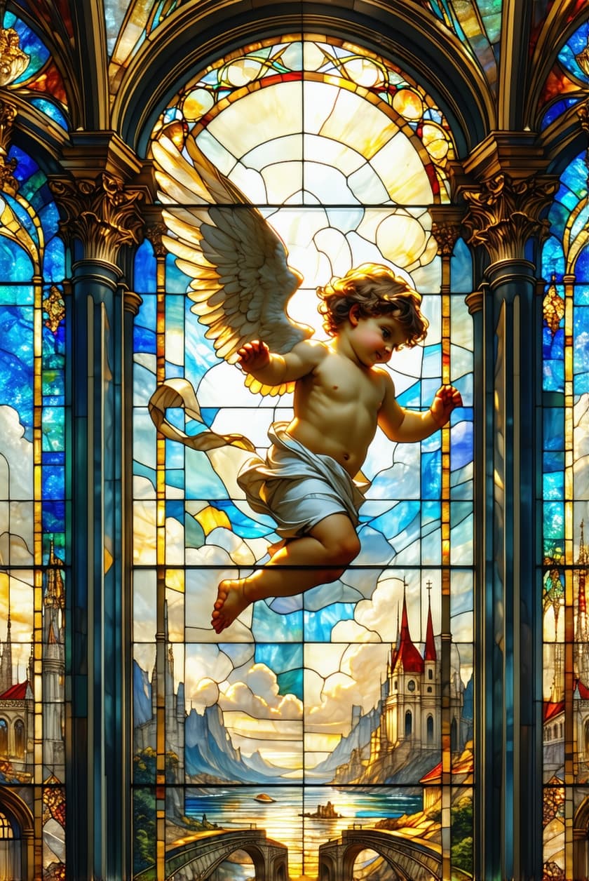 AI generated: Cathédrale en vitrail Nouveau Cherub, (Alphonse Mucha, James Jean, Erin Hanson), hyperdétaillé, rétr...