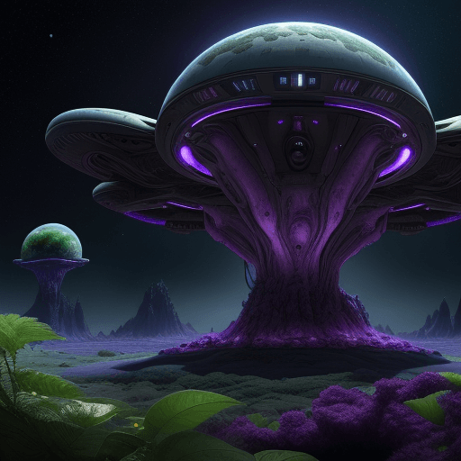 AI generated: Masterpiece, Best Quality, Alien planet with a spaceship in space with alien plants that are purple ...