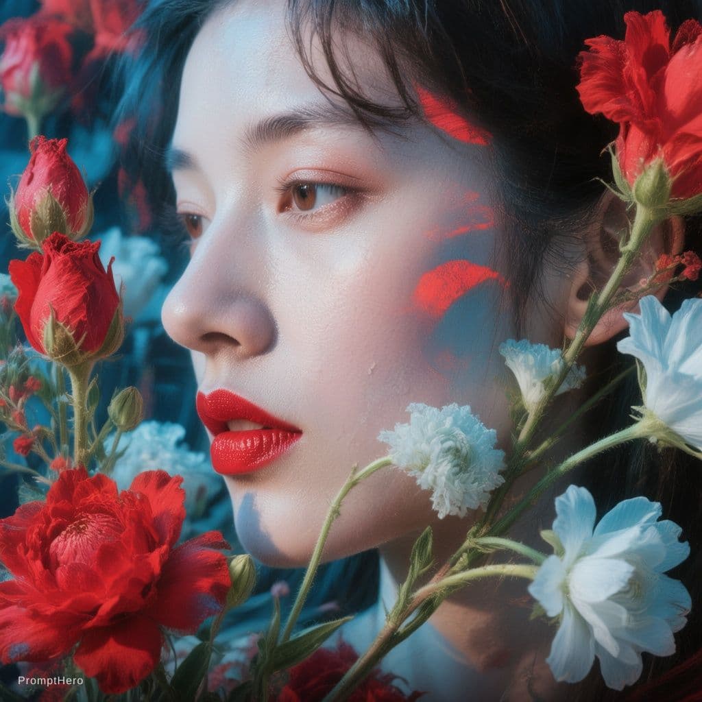 AI generated: A close-up profile portrait of a Japanese woman with dark hair and fair skin, facing left, surrounde...