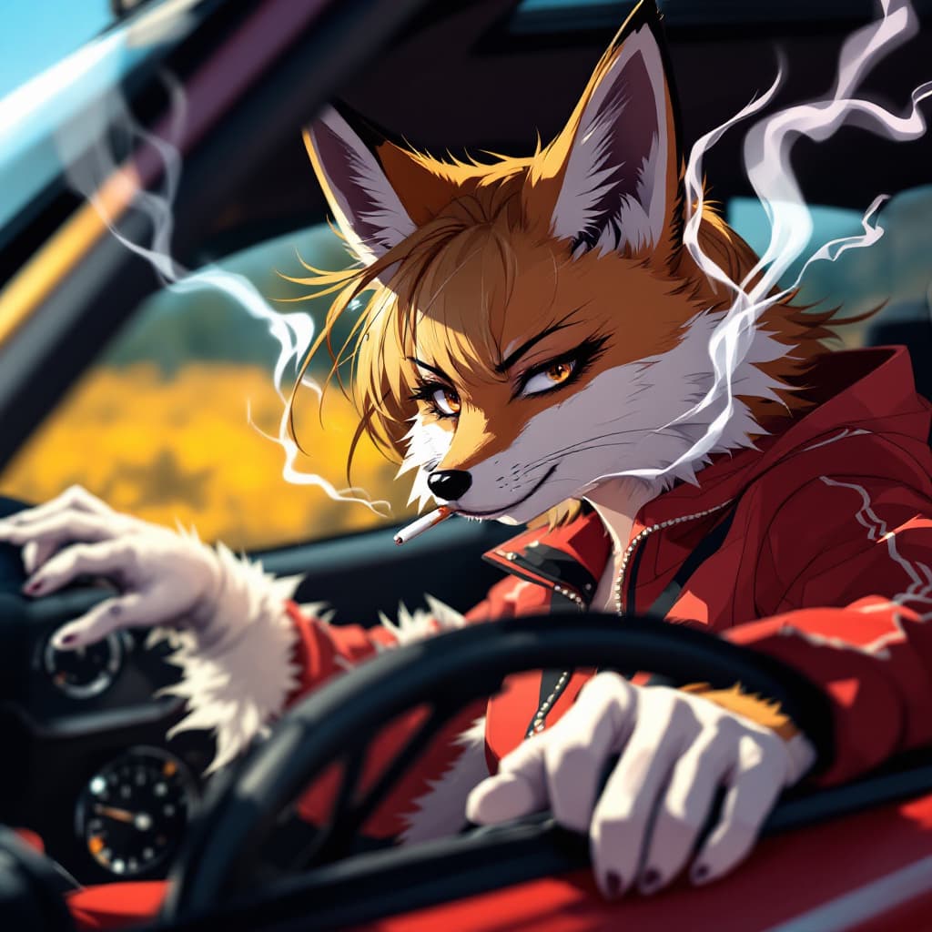 AI generated: a female fox woman driving a sport car , somking the smoking cigarettes anime style.