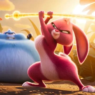 AI generated video: Vibrant 3D Pixar-style cartoon battle in the same whimsical oversized vegetable garden. Sexy anthrop...