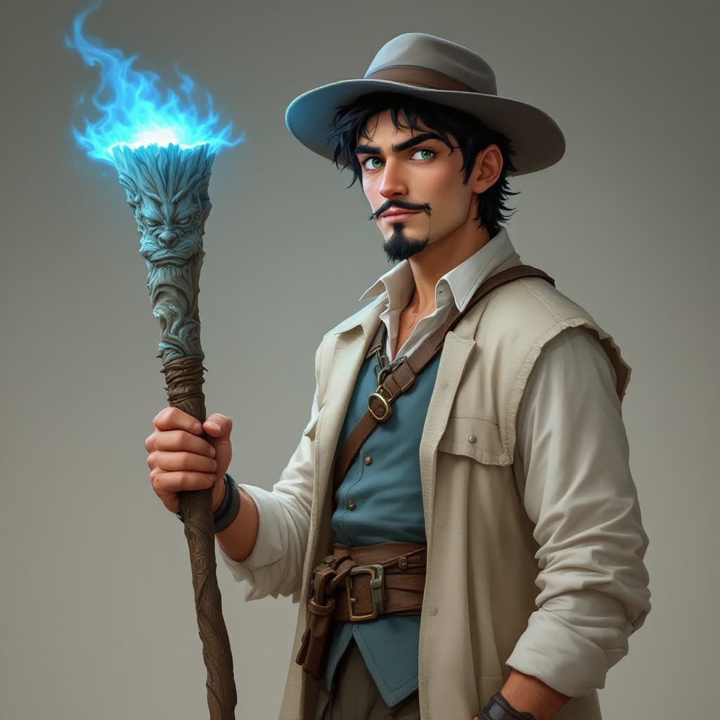 AI generated: A lean man in his mid-20's. He has Black hair, green eyes and a goatee. He is wearing a white shirt,...