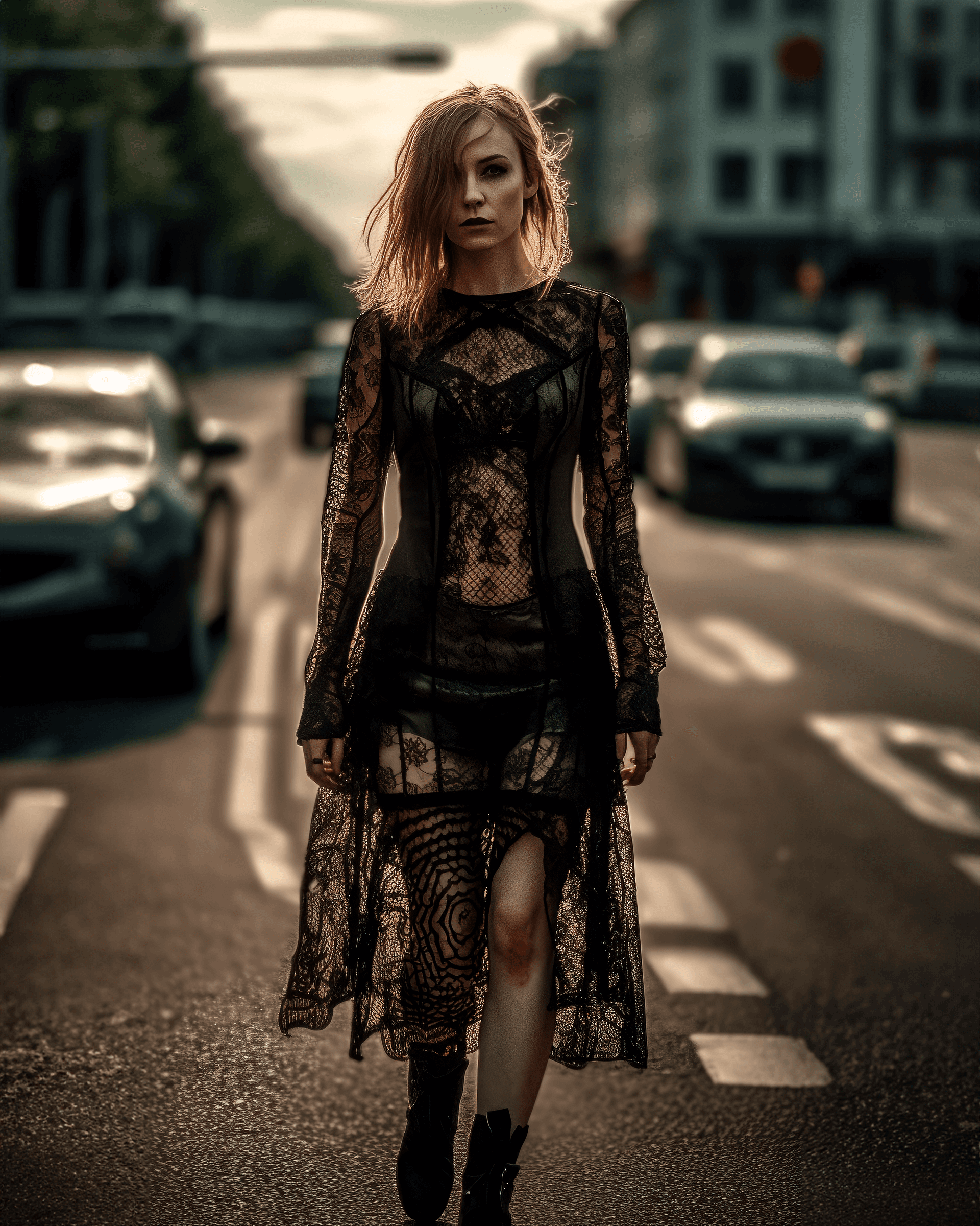 AI generated: a woman in a gothic costume posing at the road, in the style of net art, sheer short dress, karencor...