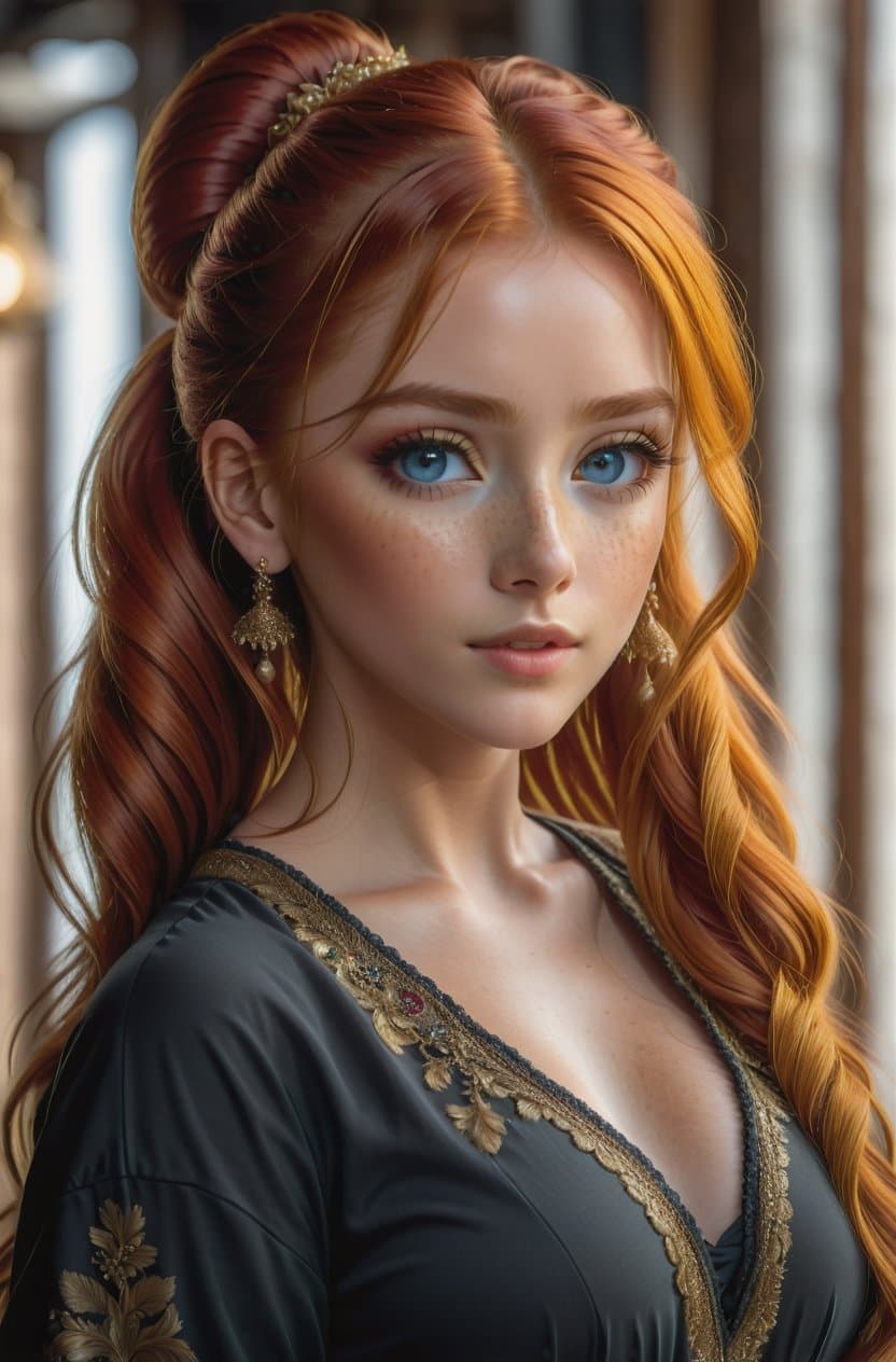 AI generated: red hair, (8k, RAW photo, highest quality), (epic realistic:1. 7), pretty girl, (detailed eyes:1. 2)...