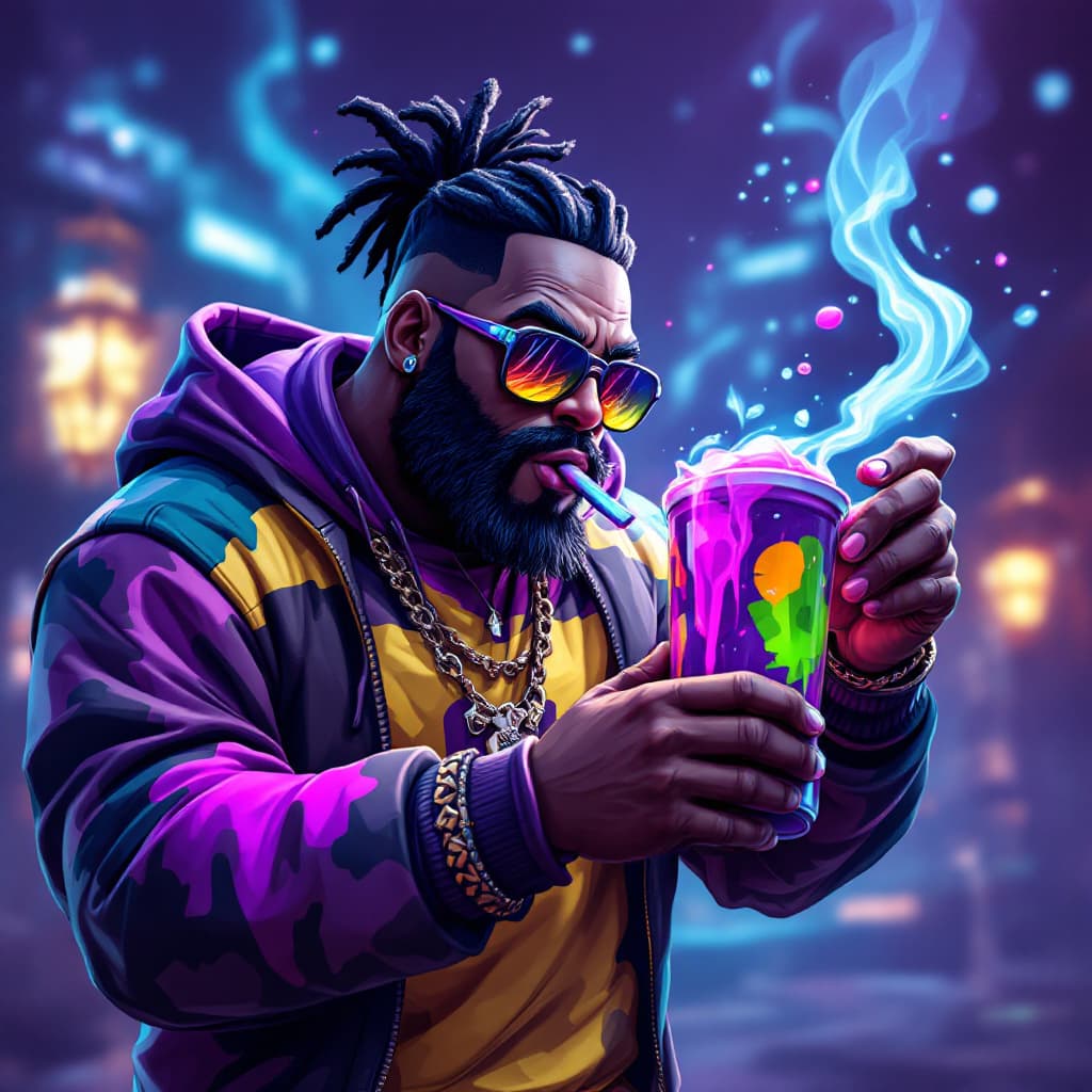 AI generated: dave blunts, a big fat black rapper as fortnite character drinking a slurp juice 