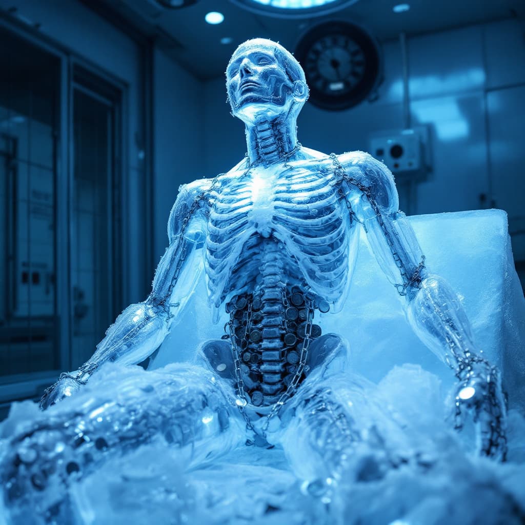 AI generated: Transparent human body on ice slab, 8 frost-covered chains penetrating ribs and spine, each chain li...