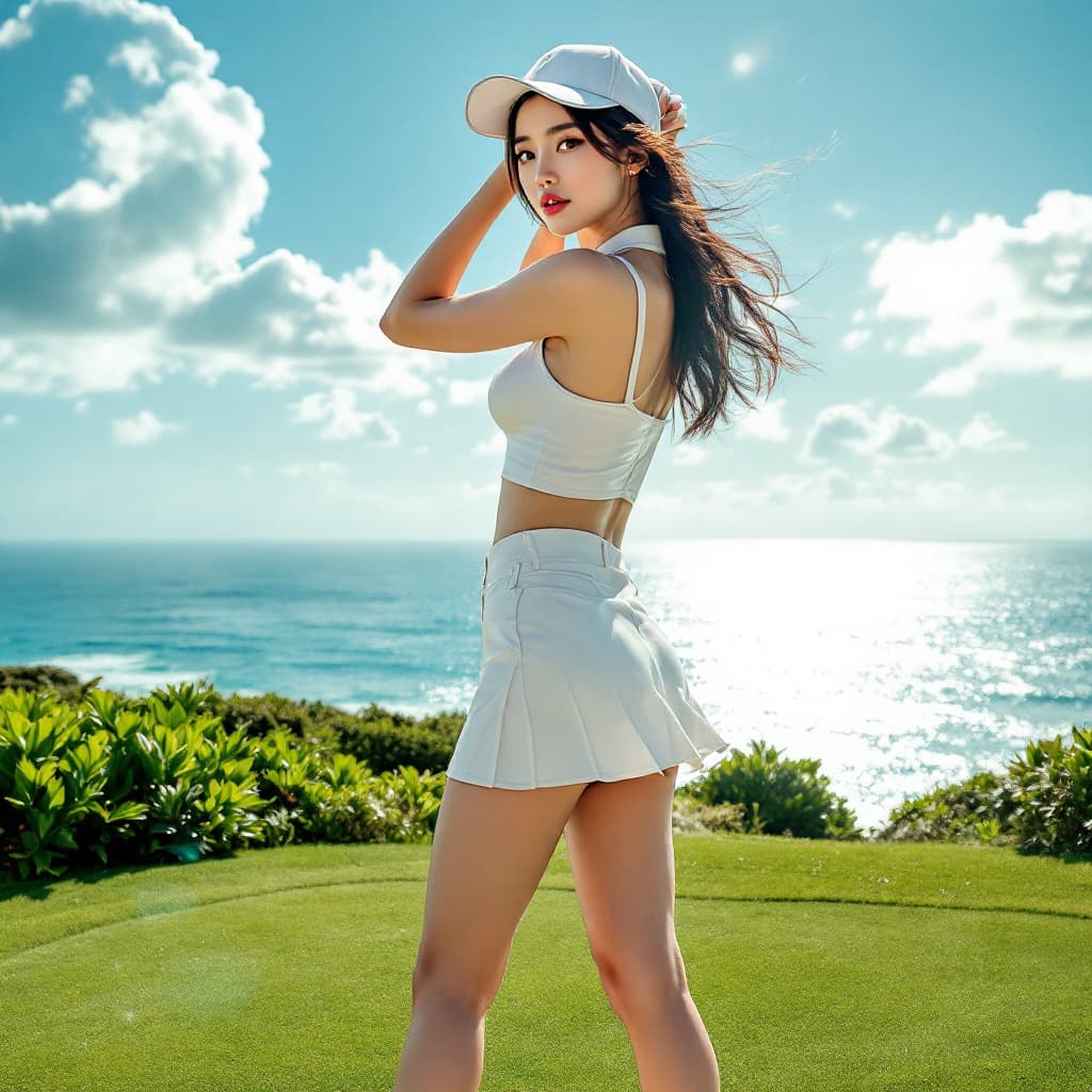 AI generated: Full body front view of A gorgeous Korean K-Pop star with a stunningly beautiful face wearing a shor...
