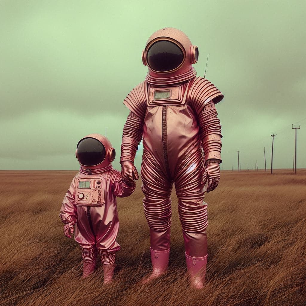 AI generated: Fashion film in the grasslands, a family in an Astronaut pink bronze suit discover the fields using ...