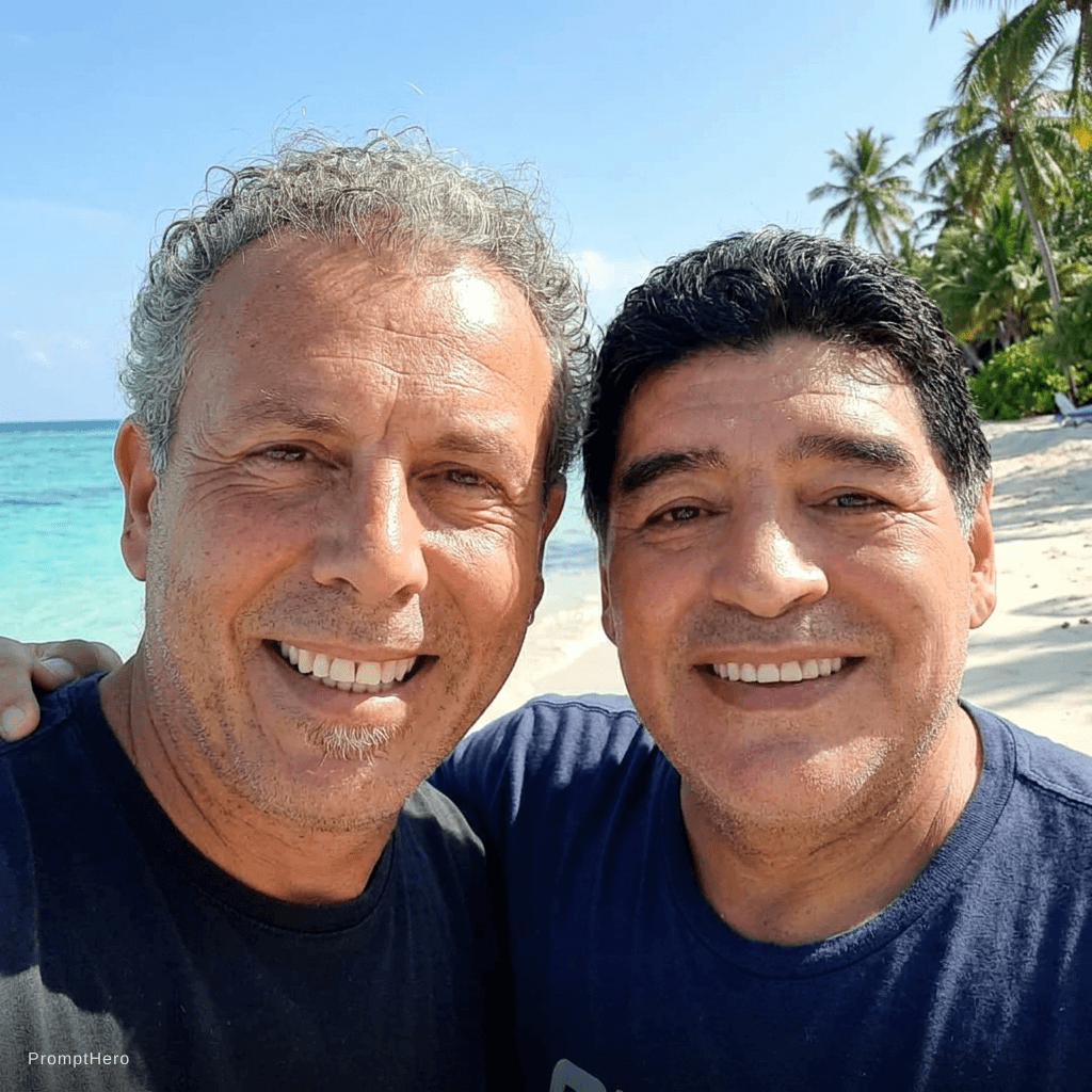 AI generated: with DIEGO MARADONA at a tropical beach, sunny day, both smiling