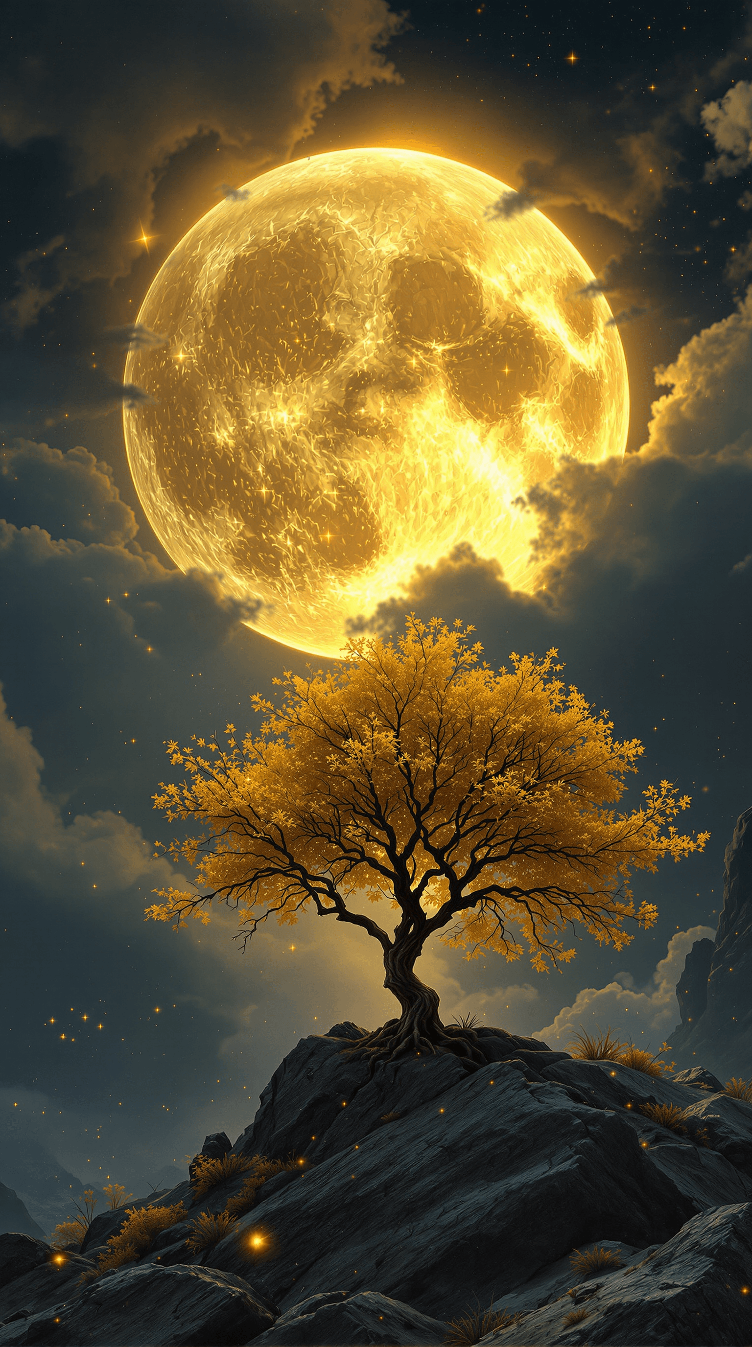 AI generated: (Hyper-detailed, Surreal fantasy landscape:1.5) A surreal, mesmerizing depiction of a massive golden...