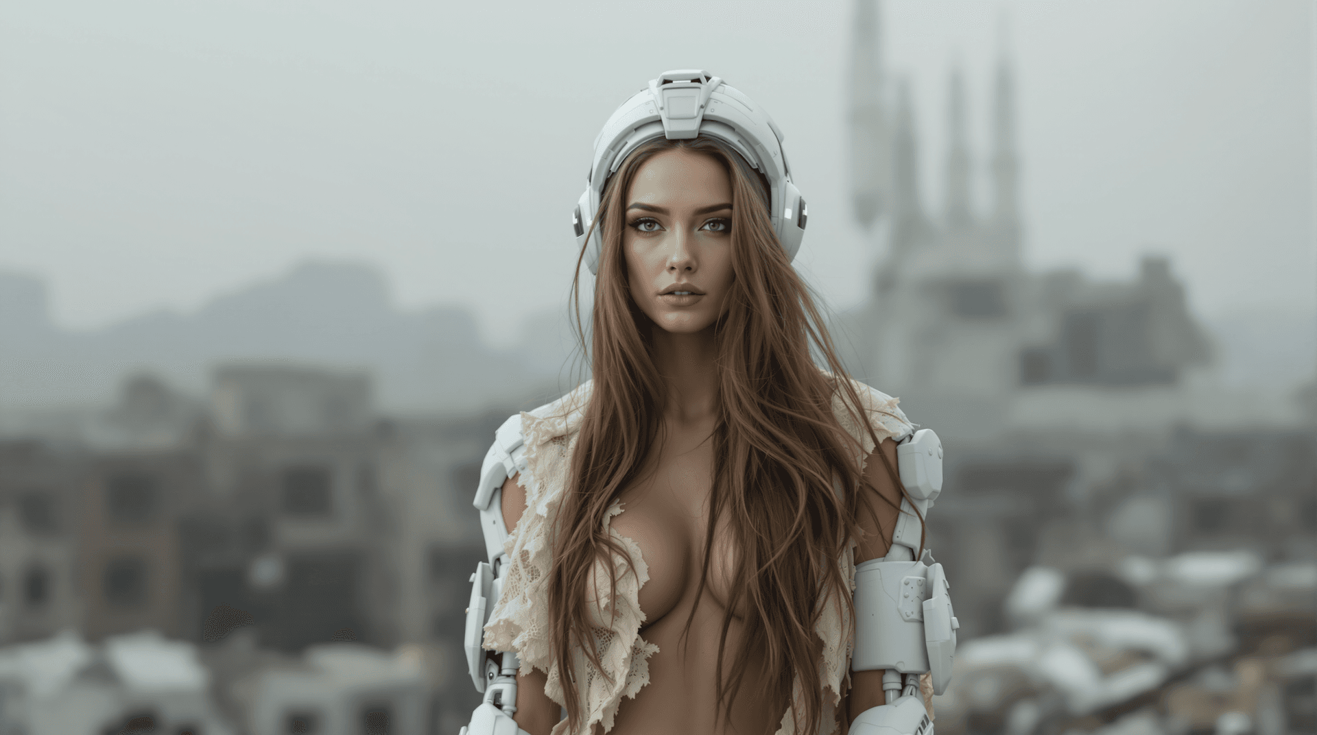 AI generated: A woman with long, flowing brown hair is centrally positioned. She appears to be in a futuristic, po...