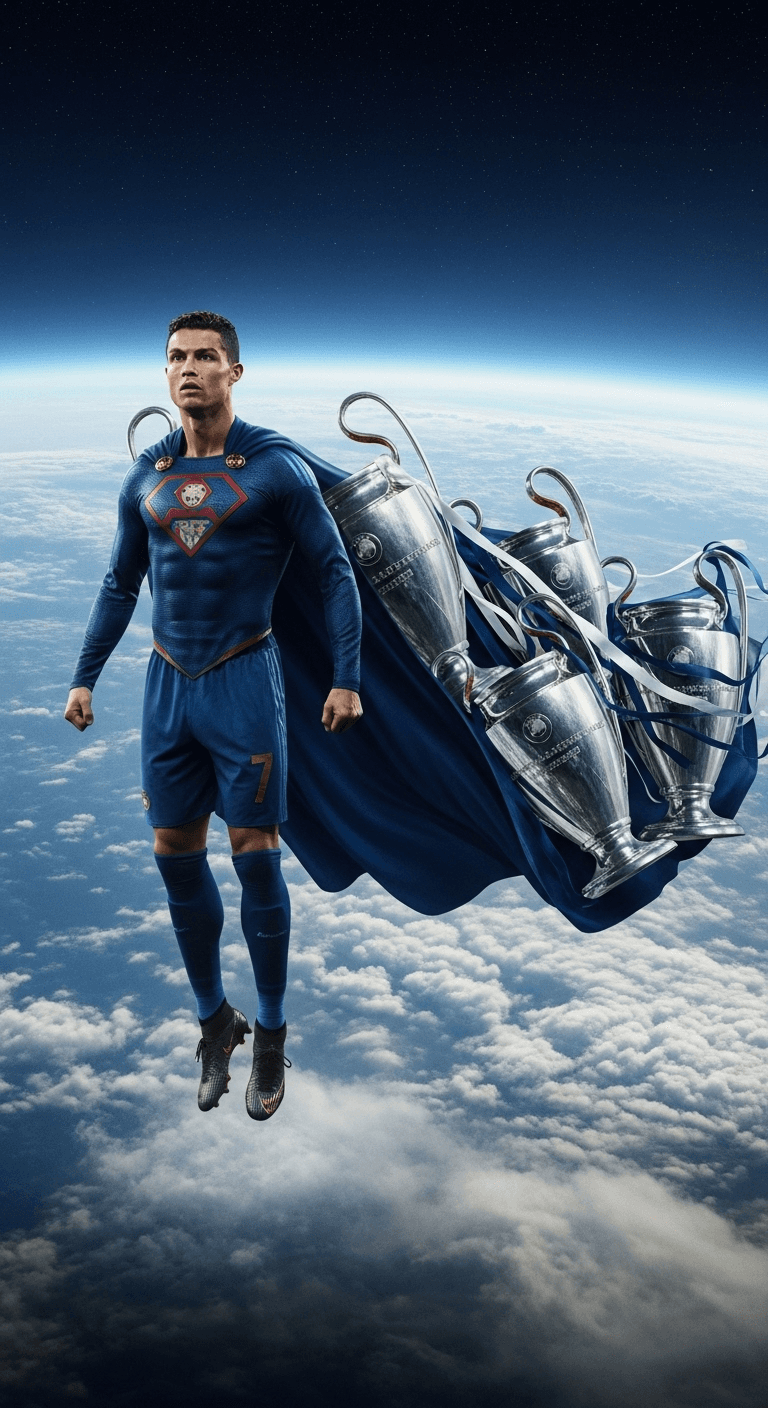 AI generated: Ronaldo as a superhero, cape made of Champions League trophies, hovering over Earth.