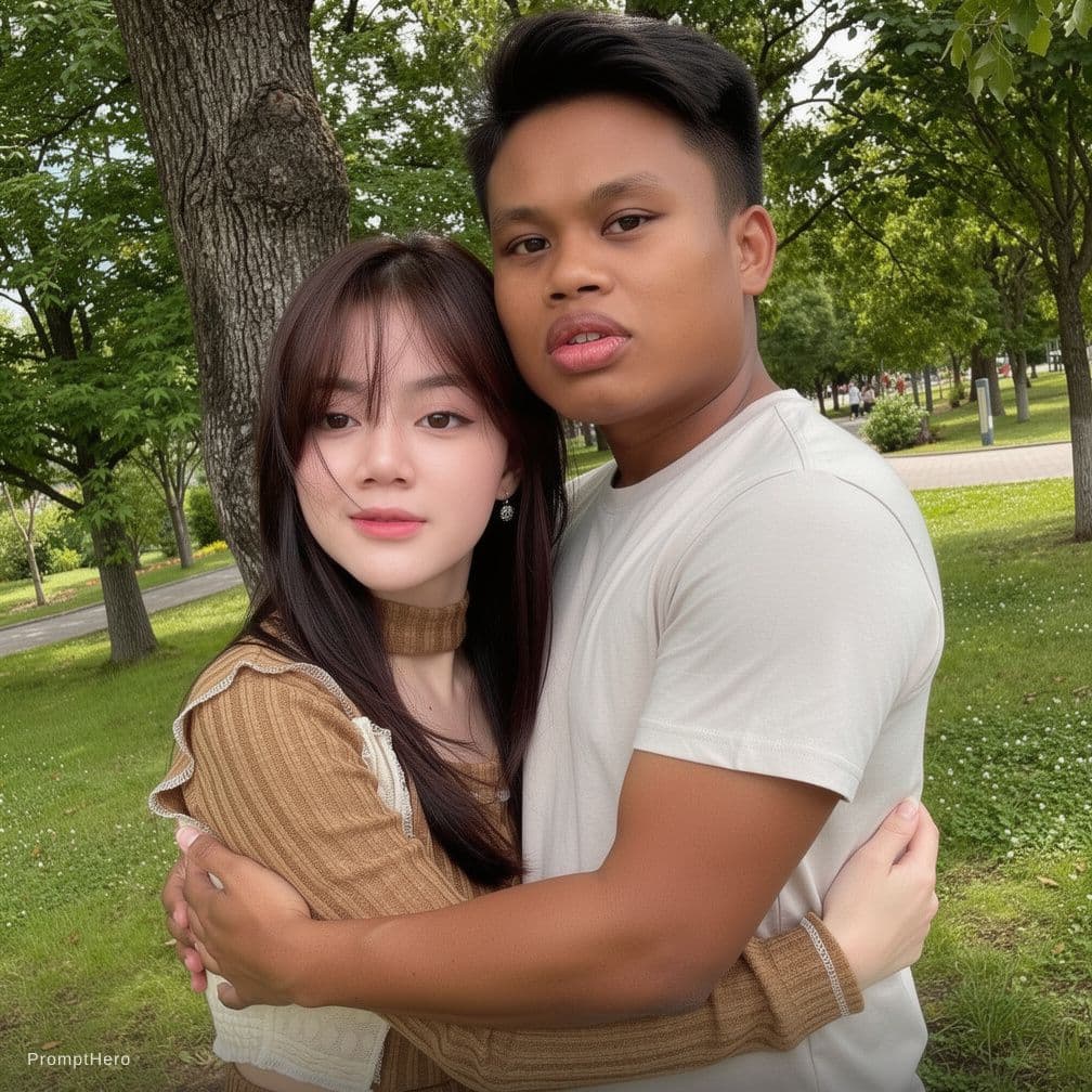 AI generated: Combine the two provided images into one single image where the man and the woman are hugging each o...