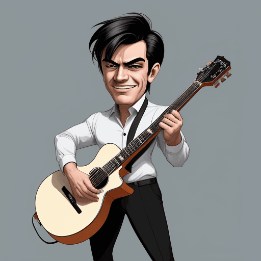 AI generated: caricature style um homem camisa branca , calça preta, tênis branco está segurando uma guitarra
