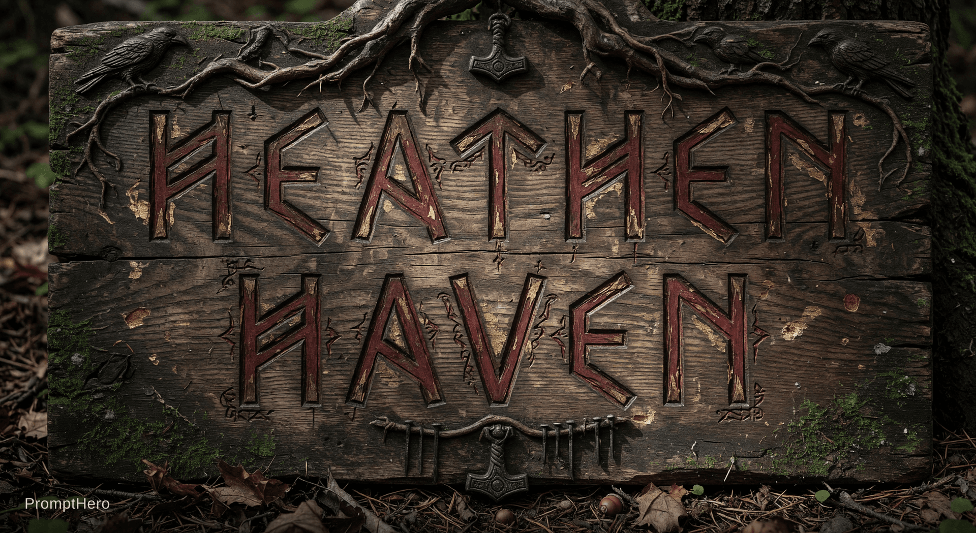 AI generated: Heathen Haven written in wooden runes of the elder futhark