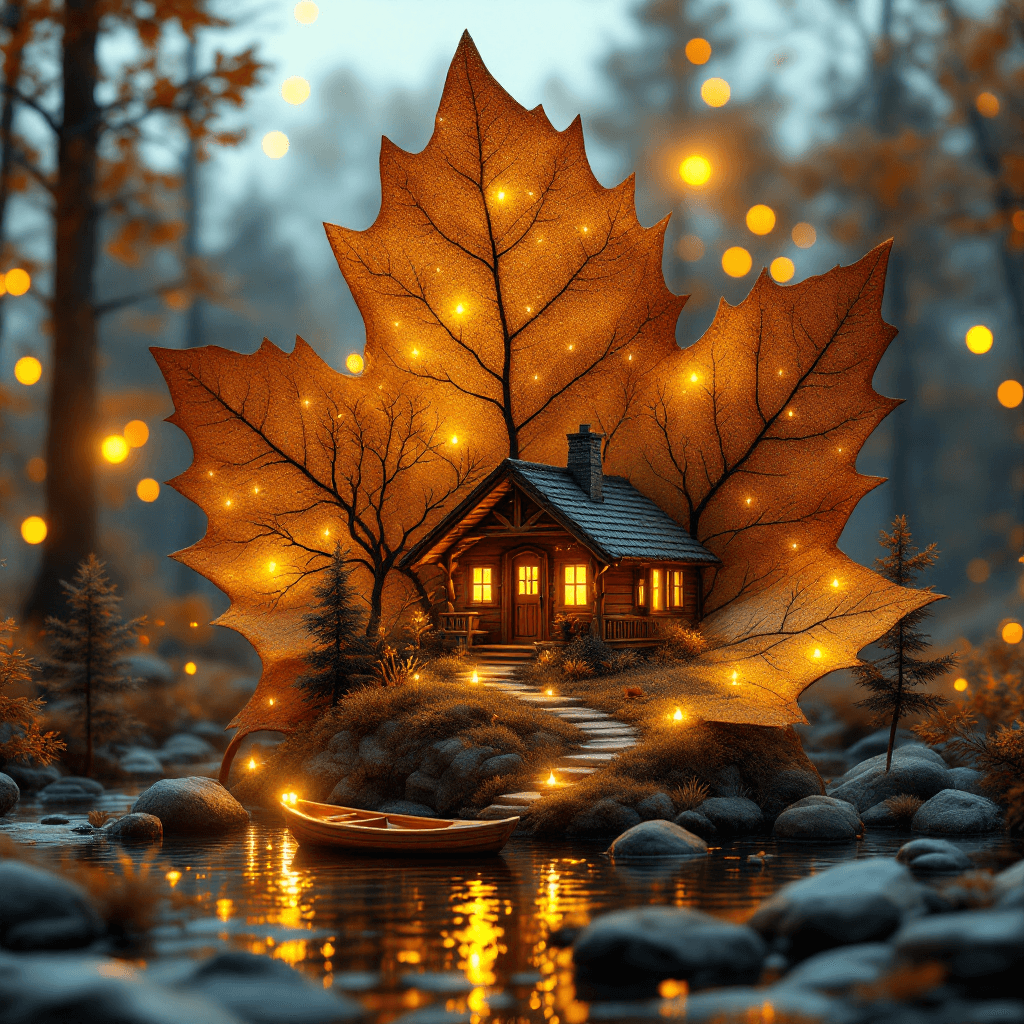AI generated: A surreal and enchanting autumn scene featuring a glowing wooden cabin nestled inside the shape of a...