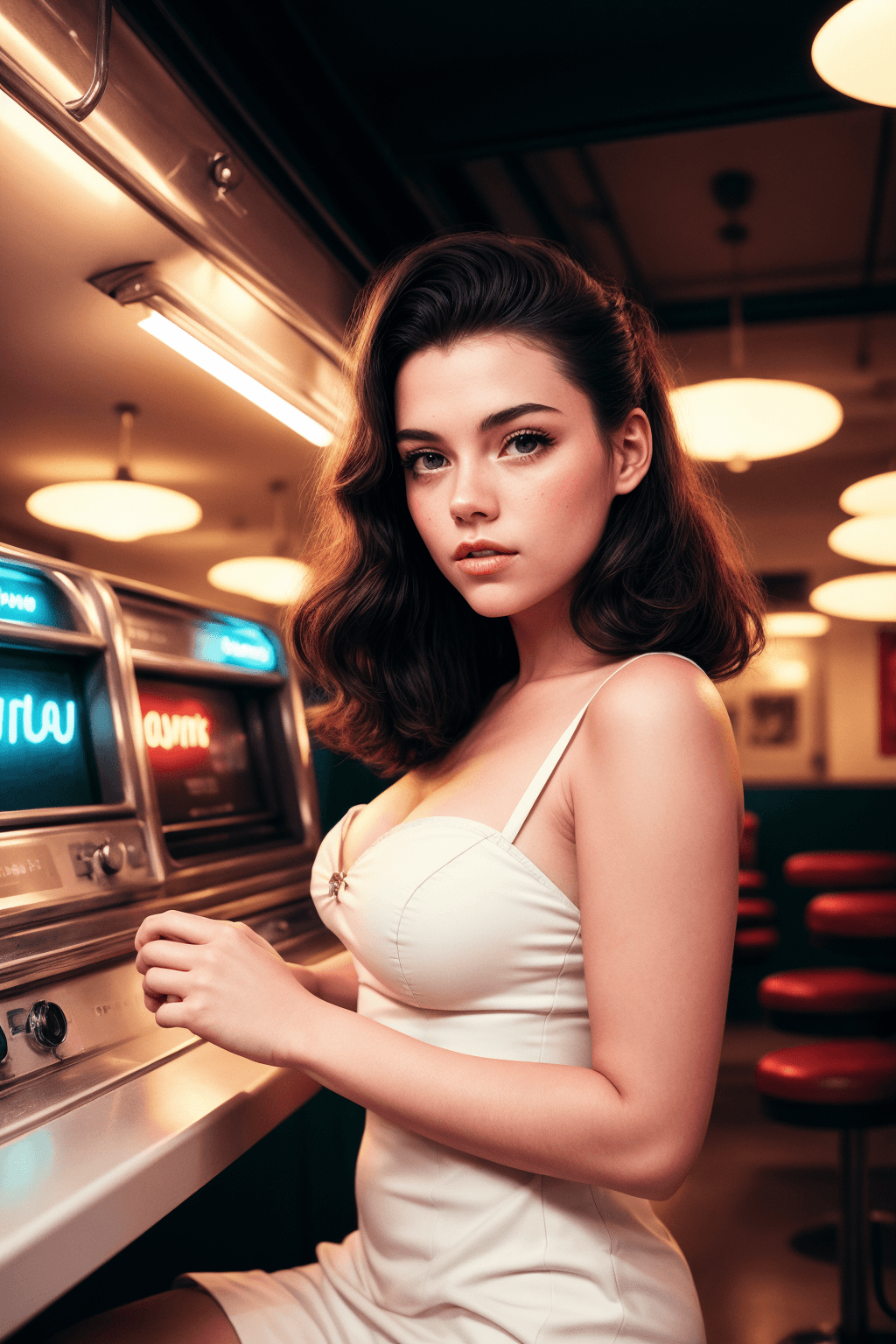 AI generated: A girl dressed in retro style dress, classic pin curls. seating in classic restaurant, vintage detai...