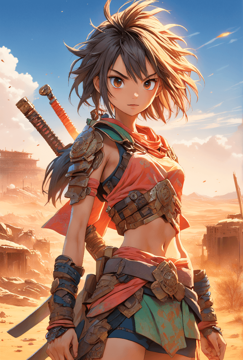 AI generated: anime artwork beautiful young, thin, fit, short messy hair, intricate details, Samurai Armor, midrif...