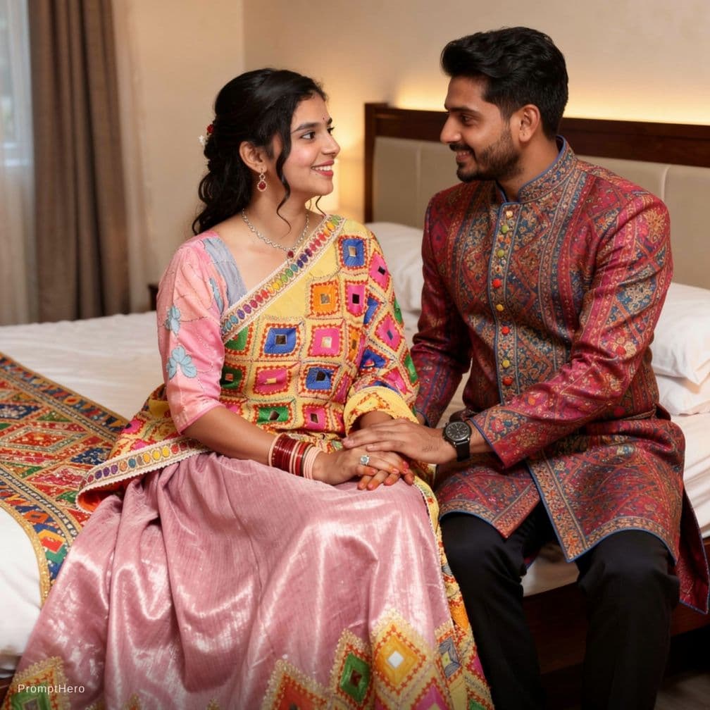 AI generated: Double bed per hot suhagrat ke kapde pahan ke  open kapde