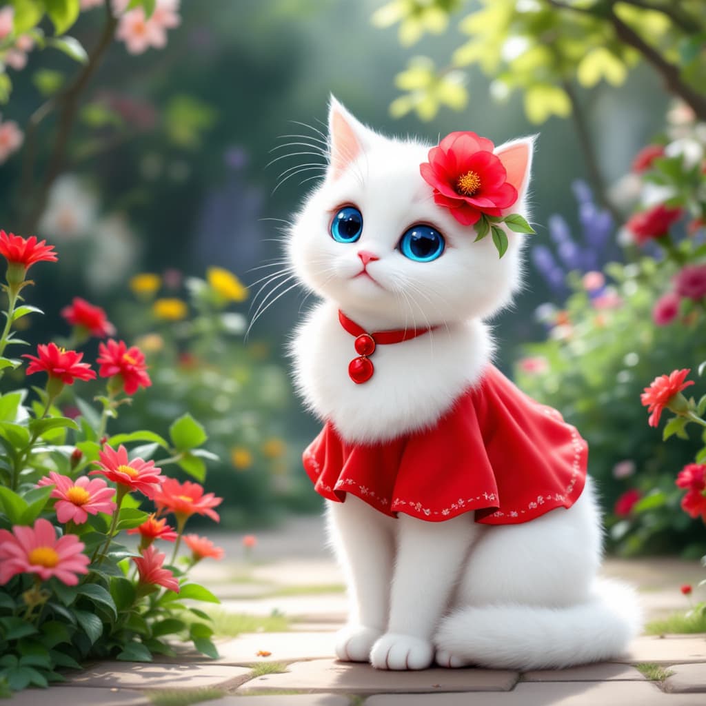 AI generated: An AI cat color is white eyes is blue. But one red flower in left ear. And wear a red dress with  re...