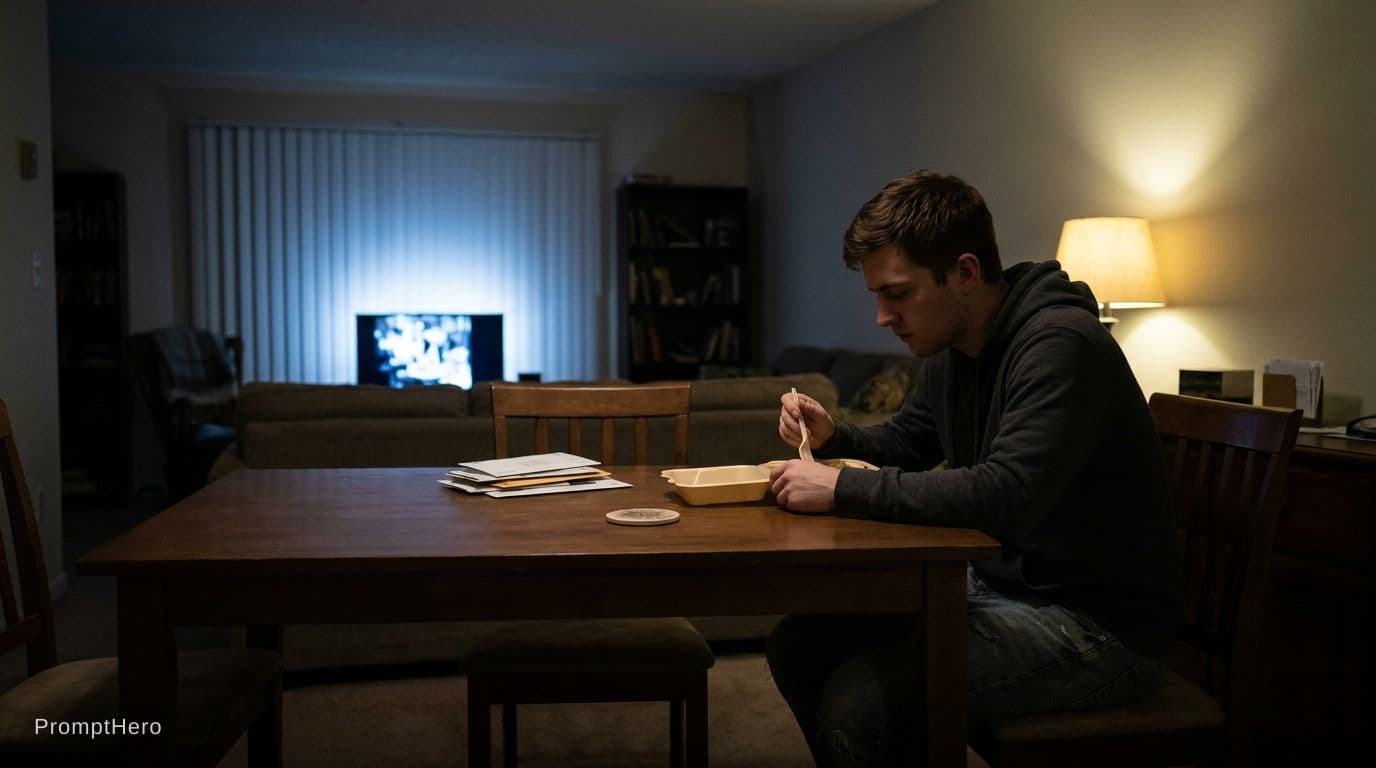 AI generated: wide static shot with too much empty space, young man sitting alone at edge of table, eating slowly ...