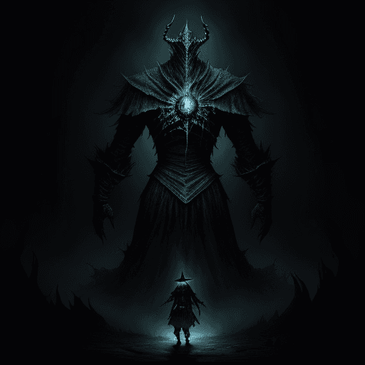 AI generated: warer in a black room Dark souls sorcerer woth monsters all arownd him.