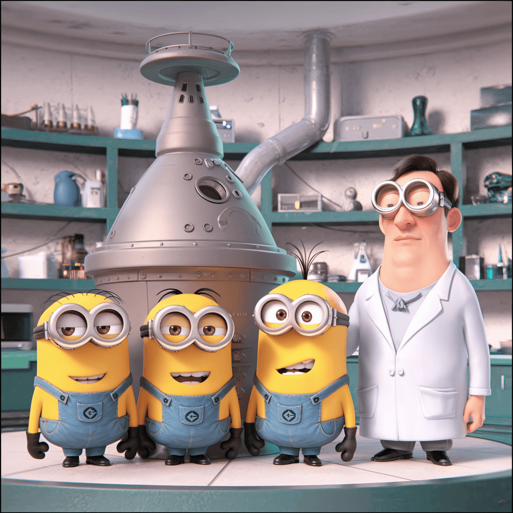 AI generated: A picture of the Minions and Professor Gadget's standing next to the time machine and being happy Mi...