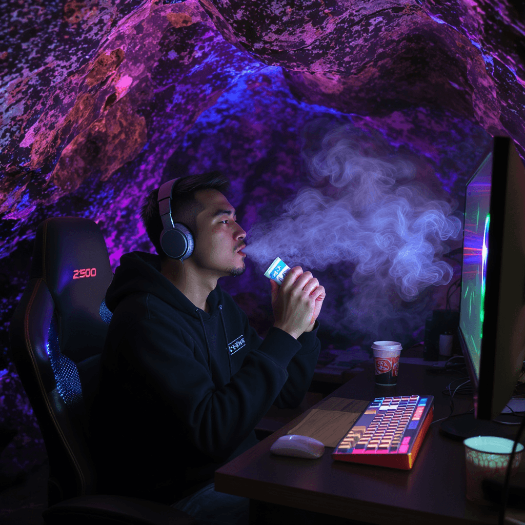 AI generated: An asian man vaping in a computer cave in 2500
