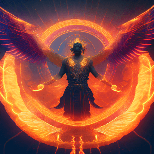 AI generated:  God of fire with wings, circle of fire behind subject, mist, Golden Ratio, full body, aesthetic fig...