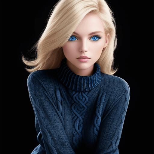 AI generated: Fashion model photo, blonde woman with blue eyes in knitted sweater, blue jeans on black background